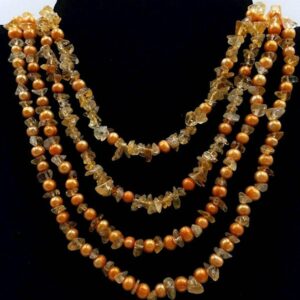 Citrine Necklace, Pearl Necklace, Citrine and Pearl Necklace, Multi-strand Necklace