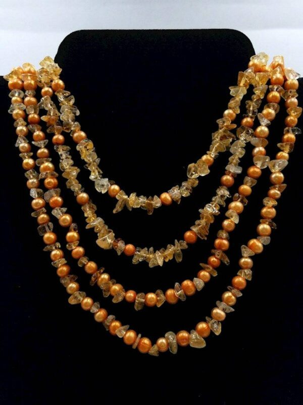 Citrine Necklace, Pearl Necklace, Citrine and Pearl Necklace, Multi-strand Necklace