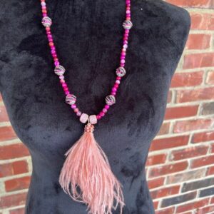 Flapper Necklace, Feather Necklace, Pink Necklace, Beaded Necklace