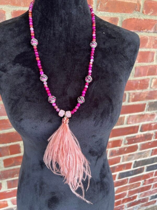 Flapper Necklace, Feather Necklace, Pink Necklace, Beaded Necklace